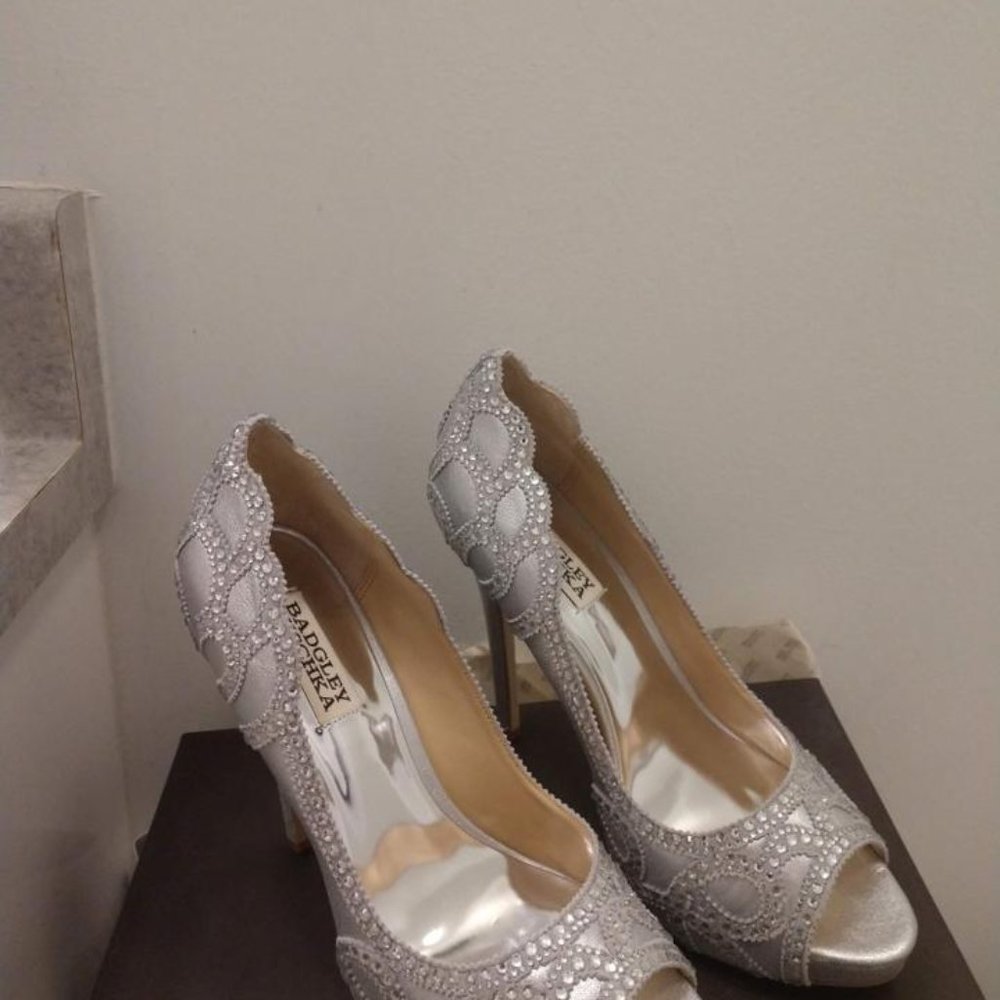 Badgley Mischka Karma Ii Embellished Shimmer-suede Pump Platforms - Picture 9 of 13